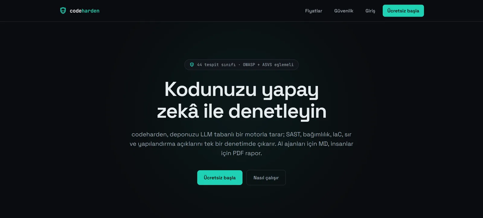 CodeHarden yapay zekâ kod güvenlik tarayıcısı açılış sayfası