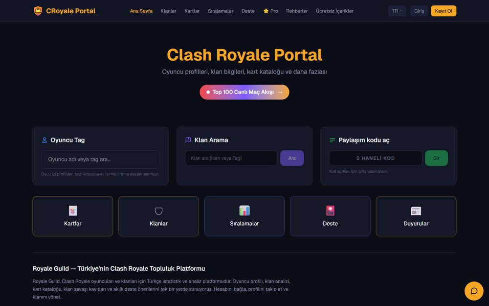 Royale Guild ana sayfası: oyuncu ve klan arama, kart kataloğu ve canlı maç akışı