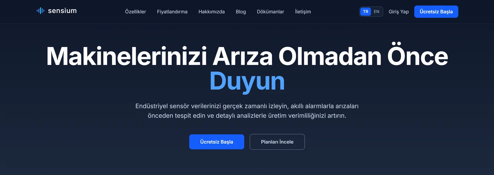 Sensium endüstriyel IoT izleme platformu açılış sayfası